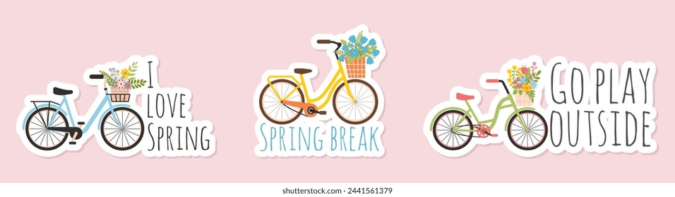 Spring stickers collection with different quotes, inscriptions. Set of three of Ladies bicycle with baskets of spring flowers. Women city retro bike. Good for cards, greeting, scrapbooking, magnets 