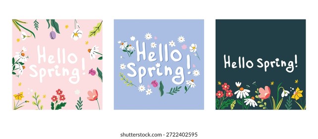 Colección de pegatinas de primavera. Hola, citas de primavera.  Tarjeta de felicitación floral de primavera con Elementos decorativos florales dibujados a mano y letras. Frases positivas para pegatinas, postales o carteles. 