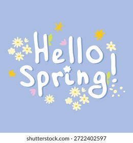 Colección de pegatinas de primavera. Hola, citas de primavera.  Tarjeta de felicitación floral de primavera con Elementos decorativos florales dibujados a mano y letras. Frases positivas para pegatinas, postales o carteles. 