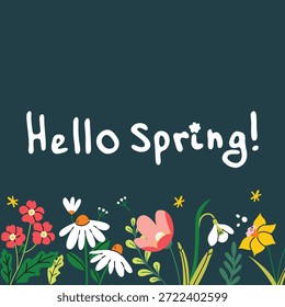 Colección de pegatinas de primavera. Hola, citas de primavera.  Tarjeta de felicitación floral de primavera con Elementos decorativos florales dibujados a mano y letras. Frases positivas para pegatinas, postales o carteles. 