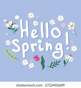 Colección de pegatinas de primavera. Hola, citas de primavera.  Tarjeta de felicitación floral de primavera con Elementos decorativos florales dibujados a mano y letras. Frases positivas para pegatinas, postales o carteles. 