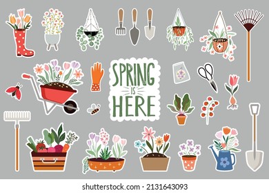 Spring stickers collection with seasonal elements, gardening, tools, plants and flowers 