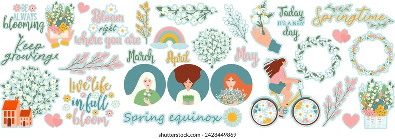 Spring stickers, stickers on a spring theme in pastel colors, lettering about spring, symbols of spring, flowers, blooming tree branches, women's day, flowering