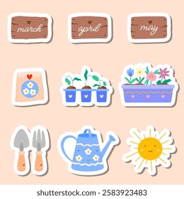 Spring stickers set with flowers, gardening tools, shovel, seedlings, sun, watering can, sign "March, April, May". Vector illustration for kids sticker kit, scrapbooking, greeting card, poster, tag