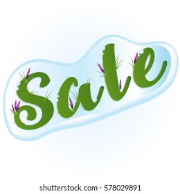 Spring stile with grass and flowers - text Sale. Vector.
