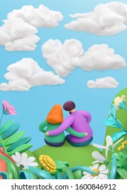 Spring story, heart in clouds. Fall in love, young couple on a flower meadow. 3d vector greeting card