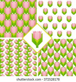 Spring straight lines pattern - pink tulips on white background