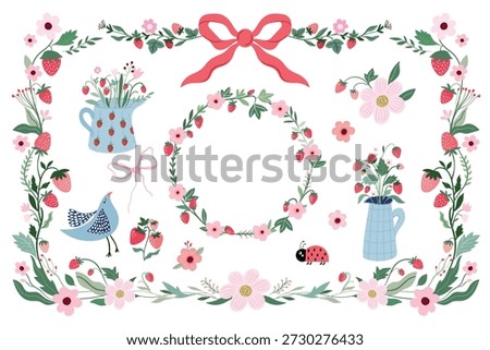 Spring strawberry collection with floral design, fresh fruit in garland, wreath and bouquets, coquette elements isolated on white