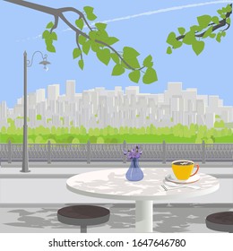 Spring street cafe, with a table, a cup of coffee and violets overlooking the city. Vector illustration.