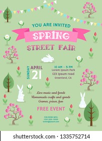 Spring street fair announcing poster template. Text customized for invitation. Blossoming trees, flowers and cute rabbits. Colorful flags at soft green background. Vector illustration.