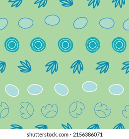 Spring striped background with blue elements on light green background. Abstract repeated pattern for fabric, wrapping paper, packaging.