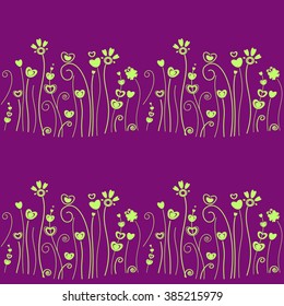 Spring striped seamless pattern with grass. Decorative vector flowers. 