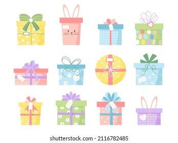 Spring style easter gift boxes set. Vector illustrations of cute decorative gift presents with bunny, floral and geometric patterns.