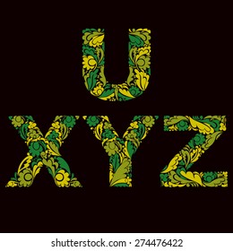 Spring style green vector font, typeset with eco floral ornament. U, X, Y, Z letters isolated.