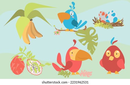 Fotos de estilo primavera con elementos de la isla con pájaros y bananas