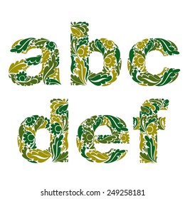 Spring style vector font, typeset with eco floral ornament. A, b, c, d, e, f.