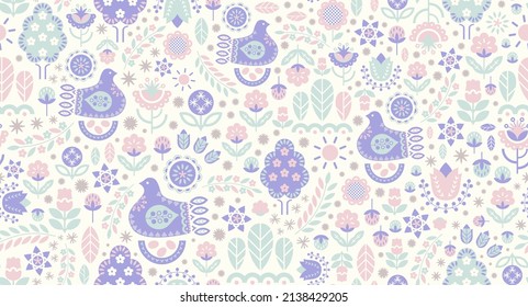 Spring stylized flowers, trees, plants, floral elements, geo minimalistic shapes. Featuring a cute bird on a nest with eggs. Inspired by the aesthetic of the Scandinavian countries and the Nordic art.
