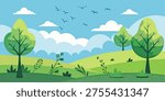 Spring stylized landscape, minimalistic landscape, green hills and trees, vector illustration