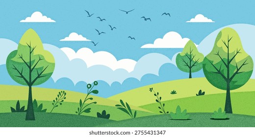 Spring stylized landscape, minimalistic landscape, green hills and trees, vector illustration