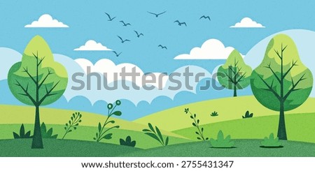 Spring stylized landscape, minimalistic landscape, green hills and trees, vector illustration