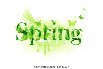 Spring stylized lettering with leaves and butterflies