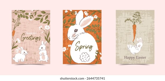 Spring Subtle Rabbits Holiday Vector Cards Set