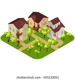 Spring suburb scene with green trees