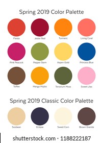 Spring / Summer 2019 Color Palette Example. Future Color Trend Forecast. Saturated And Classic Neutral Color Samples Set. Palette Guide With Named Color Swatches