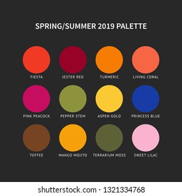 Spring Summer 2019 Color Palette. Season color. Palette fashion colors guide with named color swatches