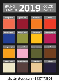 Spring and Summer 2019 fashion color palette. Worlds colors of the year. Palette fashion colors guide with names. Fashion color trend of New York. Vector illustration