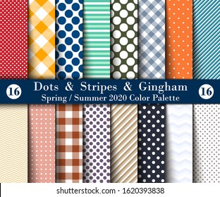 Spring / Summer 2020 Color Palette. Set  Seamless Background Polka Dots, Gingham, With Large and Small Lines and Diagonal Stripes. Vector Illustration for Wallpapers.
