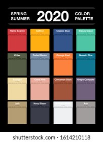 Spring and summer 2020 colors palette on black. Fashion trend guide. Palette fashion colors guide with named color swatches, RGB and HTML. Color of the year - Classic Blue. Vector illustration