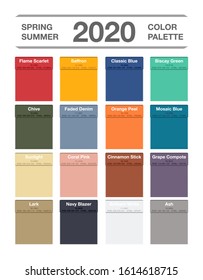 Spring and summer 2020 colors palette on white. Fashion trend guide. Palette fashion colors guide with named color swatches, RGB and HTML. Color of the year - Classic Blue. Vector illustration