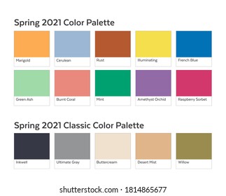 Spring / Summer 2021 Color Palette Example. Future Color Trend Forecast. Saturated and Classic Neutral Color Samples Set. Palette Guide with Named Color Swatches Included in EPS File. Letter format.