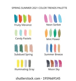 Spring, summer 2021 color trends palette on brush strokes. Vector stok illustration isolated on white background.