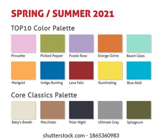 Spring Summer 2021 Trendy Color Palette. Fashion Color Trend. Palette Guide With Named Color Swatches. Saturated And Classic Neutral Color Samples Set. Vector Illustration