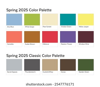 Spring Summer 2025 Color Palette with Rectangular Paint Chip Samples. Future Color Trend Forecast. Saturated and Classic Neutral Colors Set. Named Color Swatches Included in EPS File.