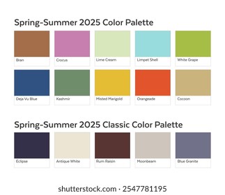 Paleta de colores de primavera verano 2025 con muestras de chips de pintura rectangulares. Nueva York Fashion Week Future Color Trend Forecast.  Muestras de color con nombre incluidas en el archivo EPS.