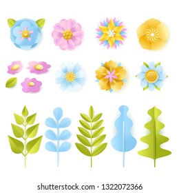 Spring, summer 3d paper cut floral design elements set. Vector craft handmade leaves and flowers, isolated on white background. Greeting card, holiday decoration carving symbols.