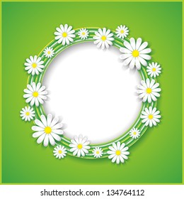 Spring or summer abstract background with cut paper 3d flower camomile. Floral frame. Vector illustration