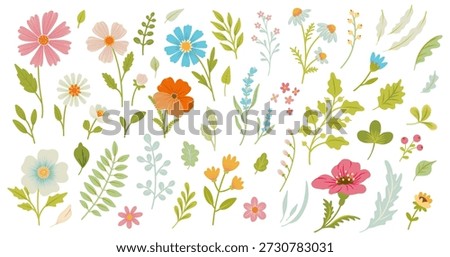 Spring Summer abstract simple Flowers and Leaves set. Cute floral elements. Vector illustration