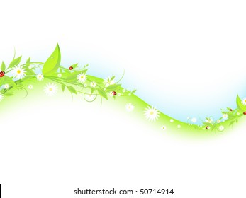 spring or summer abstract wavy meadow with flowers and ladybirds