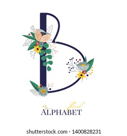 Spring and summer alphabet decorated with bouquets of flowers. Floral letter B. Hand drawn isolated vector illustration