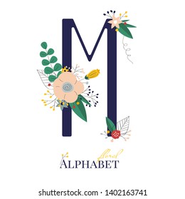 Spring and summer alphabet decorated with bouquets of flowers. Floral letter M. Hand drawn isolated vector illustration