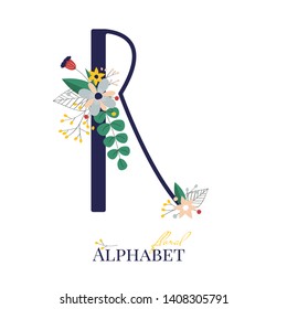 Spring and summer alphabet decorated with bouquets of flowers. Floral letter R. Hand drawn isolated vector illustration