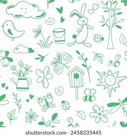 Spring summer attributes doodle background. Seamless pattern with flowers, herbs, bird, bunny, sun, tree, bee. Hand drawn baby natural print for textile, packaging, paper, design, vector graphics