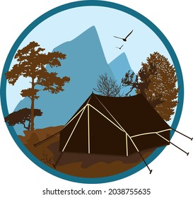 Campo primavera, verano o otoño. Ilustración vectorial. Concepto de camisa o logotipo, emblema, impresión, sello o tee. Diseño de tipografía creativa vintage con tienda de campaña, silueta forestal y montañas. 