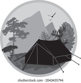 Frühlings-, Sommer- oder Herbstlager. Vektorgrafik. Konzept für Hemd oder Logo, Emblem, Druck, Stempel oder Abschlag. Vintage kreative Typografie Design mit Camping Zelt, Waldsilhouette und Bergen. EPS10