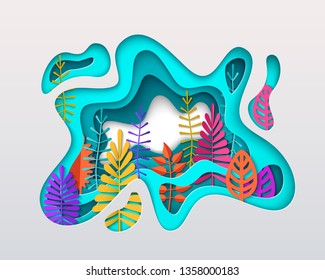 Spring summer autumn composition with colorful leaves inscribed in paper cut layered spot. Bright colorful seasonal design in papercraft style layered art on a white background. Papercut vector