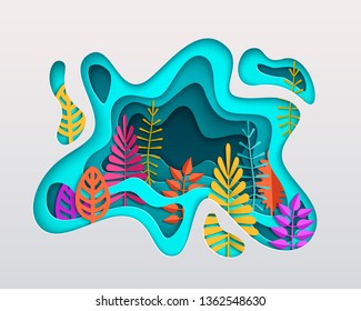 Spring Summer Autumn Composition With Colorful Leaves Inscribed In Paper Cut Layered Spot. Bright Colorful Seasonal Design In Papercraft Style Layered Art On A White Background. Papercut Vector